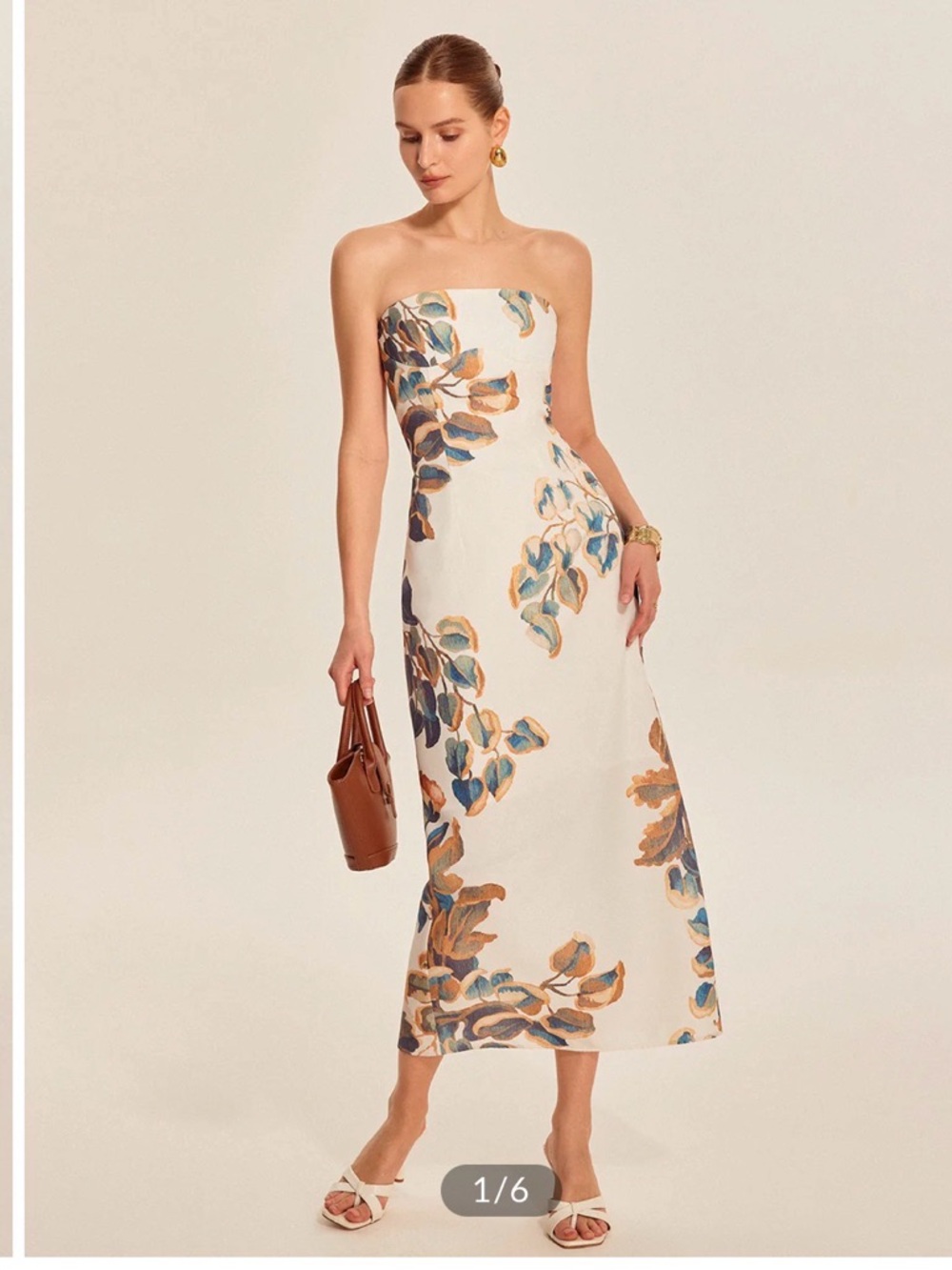 NWT* Commense Strapless Floral Midi Dress in Cream, Blue and Brown